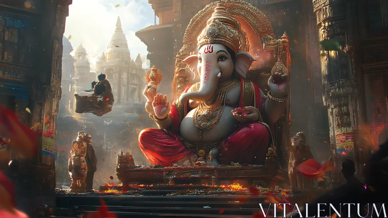 Majestic Ganesha idol in ornate temple courtyard at dusk.