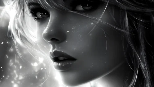 High-contrast monochrome portrait applies specular highlights and bloom