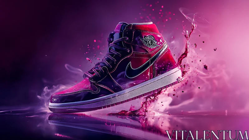Vibrant pink Nike sneaker splashing through bright smoke.