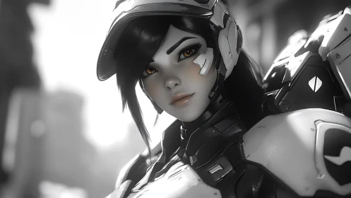 Augmented pilot in high-spec exosuit under soft bokeh light.