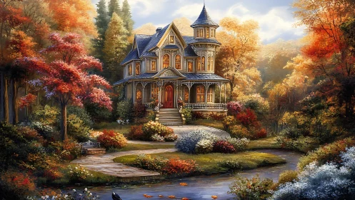 Victorian house in detailed autumn garden landscape scene.