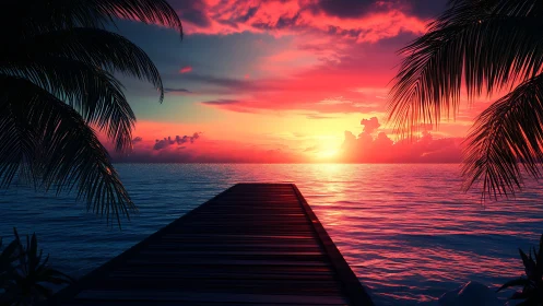 Wooden pier extends into calm ocean under vivid sunset