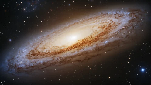 Edge-on barred spiral galaxy with luminous bulge and dust lanes.