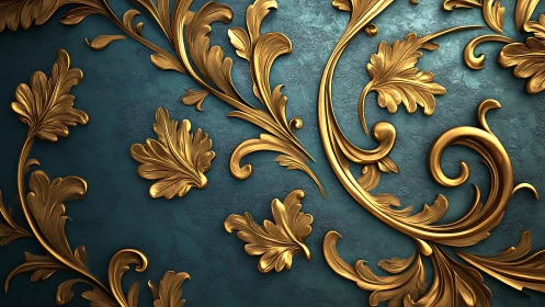 Ornate gold floral scrollwork on textured teal surface.