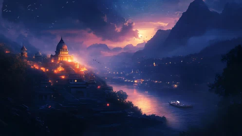 Riverside temple city at dusk with illuminated tiered domes