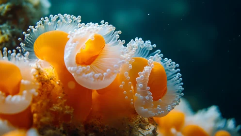 Golden sea anemones glow softly in a tranquil ocean depth