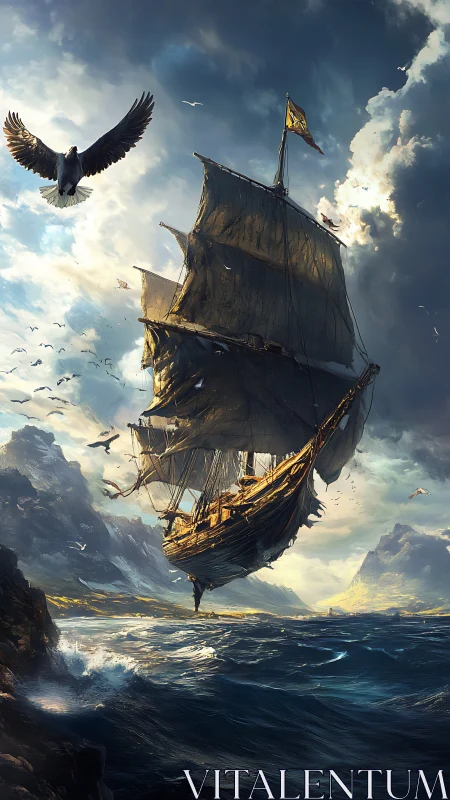 Digital seascape concept of storm-tossed galleon in flight.