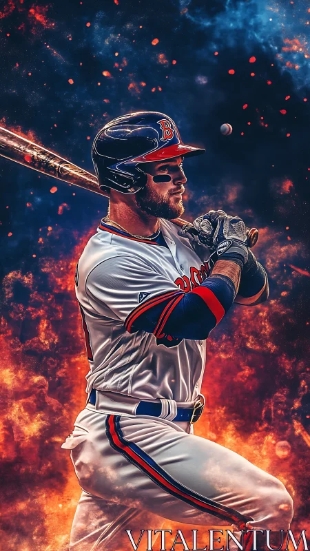 Fiery baseball swing frozen in a star-swept explosion of color.