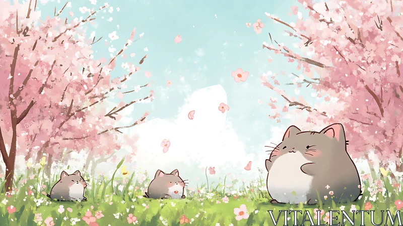 Chubby cats relax under cherry blossoms in soft spring meadow