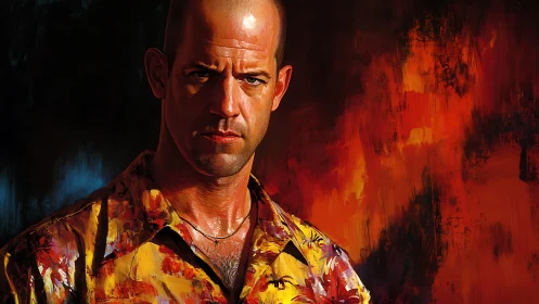 Intense bald man confronts viewer before fiery abstract backdrop