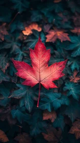 Red maple leaf on dark teal foliage background viewed above.