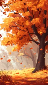 Golden autumn forest glows in soft, drifting morning light