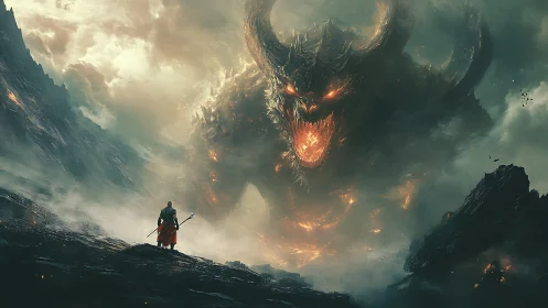 Lone warrior meets a colossal fiery demon in stormy mists