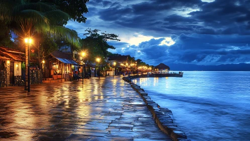 Cozy seaside promenade glowing after the evening rain.