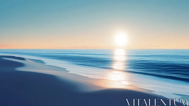 Sun hangs low over calm ocean waves and smooth shoreline