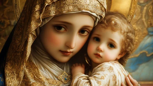 Tender mother and child wrapped in golden quiet devotion.