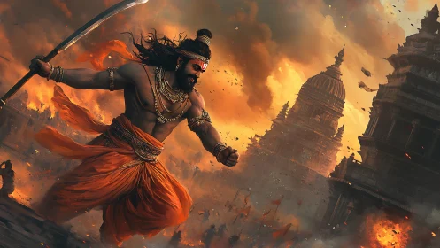 War god storms burning temples in molten dusk fury.