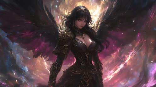 Dark-winged celestial warrior in swirling cosmic light.