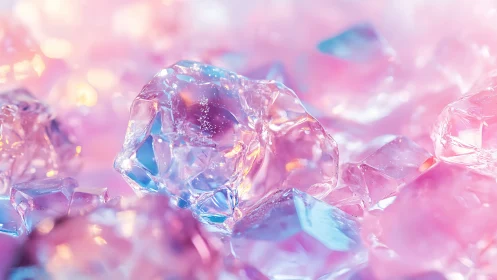 Pink and blue crystal fragments under soft pastel light.