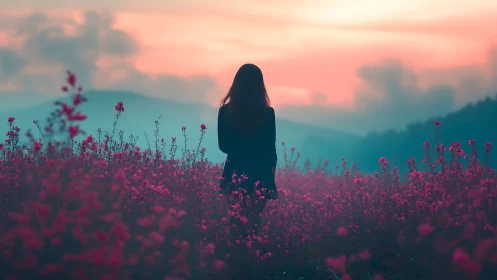 Soft evening glow welcomes a lone figure in pink blooms