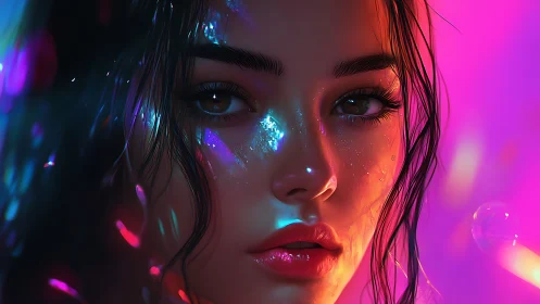 Neon-touched muse breathes quietly inside chromatic storms