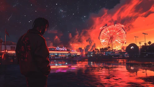 Silhouetted figure surveys neon ferris wheel over wet fairground