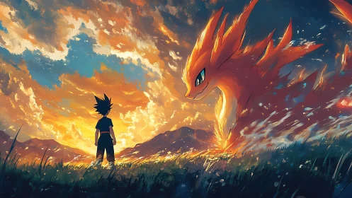 Skyfire pact at dusk between boy and blazing spirit beast.