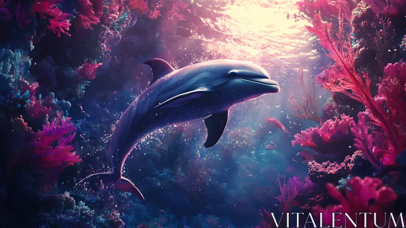 Gleaming dolphin waltz through neon coral dreamscape.
