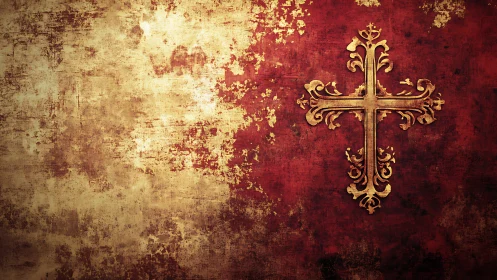 Ornate gold cross on distressed red textured background.