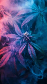 Luminous cannabis leaves drifting through neon mist.