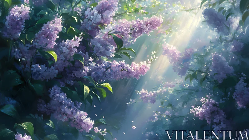 Sunlit lilac blossoms with drifting petals in soft haze.