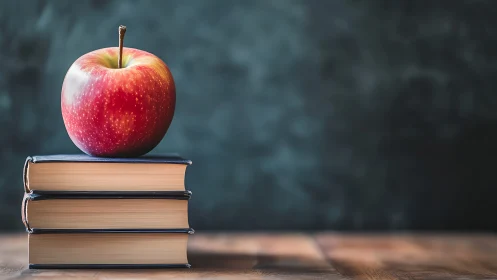 Red apple rests on stacked books against blurred chalkboard