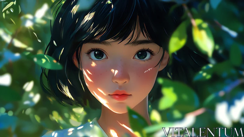 Leaflit daydreamer gazes through sun-dappled garden hush.