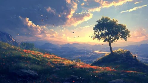 Lone hillside tree under volumetric sunset cloud dynamics.