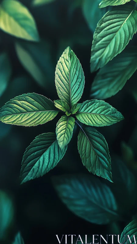Macro study of radial mint leaves in soft bokeh field.