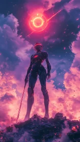 Cyborg sentinel overlooks burning horizon under neon star