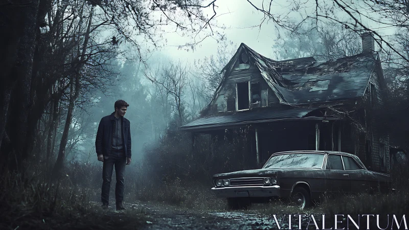 Foggy roadside farmhouse with lone man and old sedan.