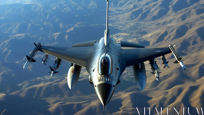 Steel falcon slices sunlight above folded desert mountains