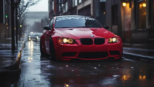Bold red sports car glowing in a rainy city street.