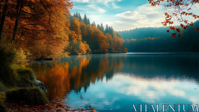 Autumn forest shoreline reflects crisply on a tranquil mountain lake