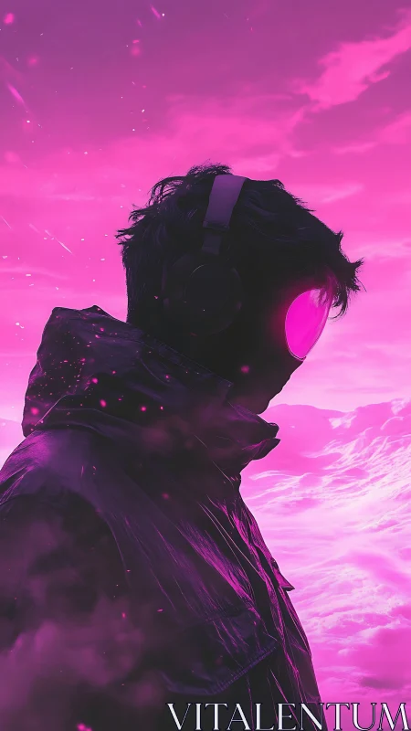 Silhouetted neon listener immersed in magenta atmospheric glow