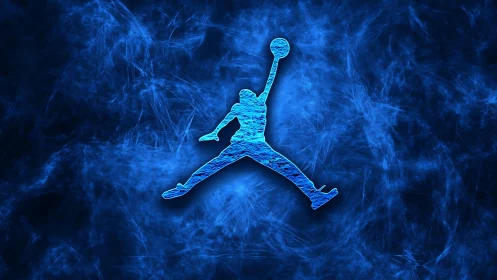 Neon blue silhouette sports emblem on electric abstract field.