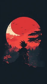 Silhouetted warrior meditates beneath blood-red eclipse.