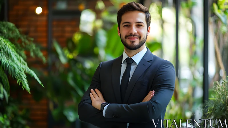 Business professional stands confidently in indoor green space