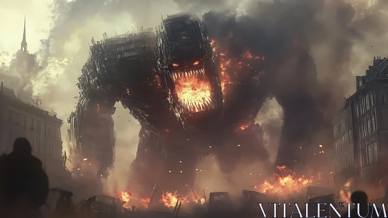 Gigantic fire-breathing mech titan devastates burning city