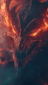 Infernal demon dragon erupts from molten shadowed void.