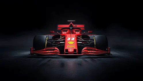 Red Formula race car front view on dark studio track.
