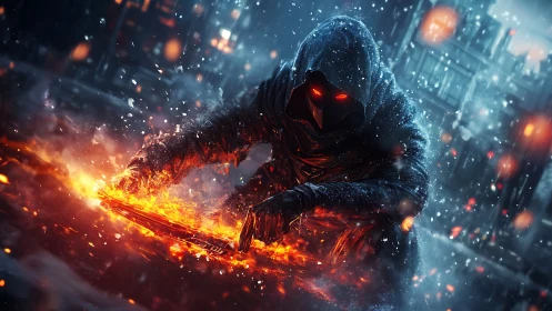 Hooded fireblade wielder in molten snowstorm cityscape.