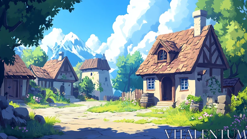 Sunlit mountain village lane with storybook cottages.