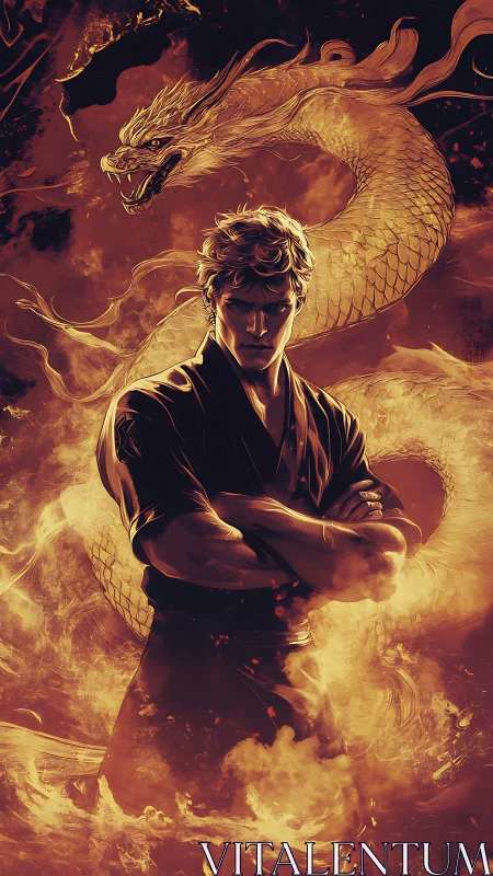 Male martial figure stands before coiling dragon form